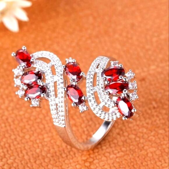 Deep Red Rubys & White Baguette Diamond Cocktail Ring on 925 Sterling Silver - Picture 1 of 3